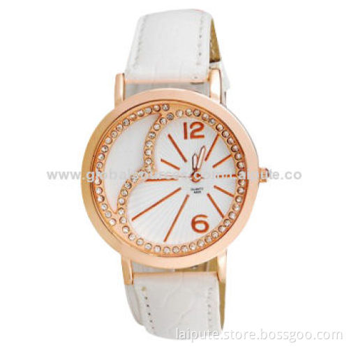 Women's Analog Watch with Crystal Decorated, Alloy Dial and Faux Leather Strap, White Color